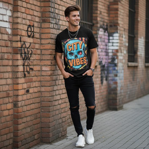 T-shirt décontracté pour homme, col rond, coupe classique, imprimé graphique, mélange de coton, style streetwear, impression sur le devant - Product Image 1