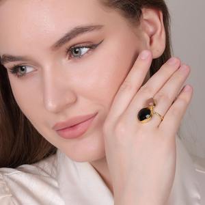 Export Quality Handmade 18K Gold Plated Brass <b>Black</b> Onyx & Peach Moonstone Oval Round <b>Ring</b> Wedding Party Gift From India - Product Image 6