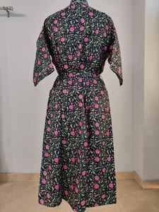 Robe kimono d'été pour femme en coton 100%, col en V, manches courtes, longueur totale, imprimé floral indien, tissu doux, décontracté, tendance - Product Image 5