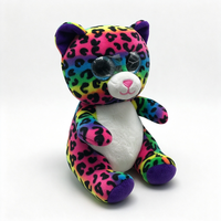 Peluche unique chat imprimé léopard arc-en-ciel, adorable chat en peluche aux grands yeux scintillants, poupée chat assise douce