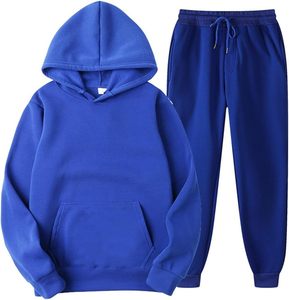 Boys Blue Hooded Sweatshirt And Joggers Set Casual Solid Color Full Sleeve Tracksuit With Drawstring Pants <b>For</b> Children - Product Image 1