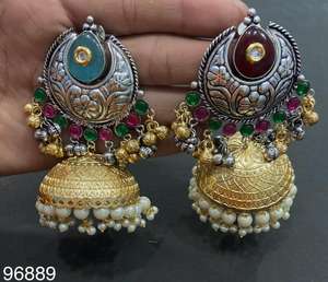 Clásico antiguo tradicional indio hecho a mano elegante alemán plata piedra Jhumka largo moda pendientes joyería para mujeres y niñas - Product Image 5