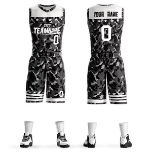Ensembles d'uniformes de basketball d'été pour hommes, personnalisés, respirants, à séchage rapide, de haute qualité, imprimés numériquement, camouflage, 100 % polyester - Product Image 1