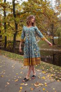 Robe en coton imprimé à la main Ikat bleu jaune Robe bohème mi-longue - Product Image 3