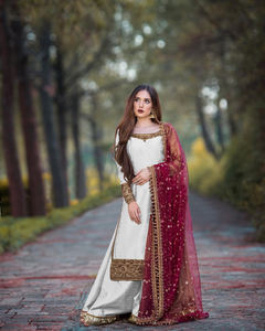 Eid Special Pure Chinon tela de seda blanco granate corte recto borde hasta la rodilla Kurta para fiesta desgaste recto Lehenga Choli - Product Image 1