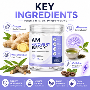 Cápsulas de Apoyo para la Recuperación <span class=keywords><strong>AM</strong></span> con Jengibre, Corteza de Sauce Blanco, L-Teanina, Cafeína, Suplemento para el Alivio de la Resaca Post-Consumo de Alcohol - Product Image 6