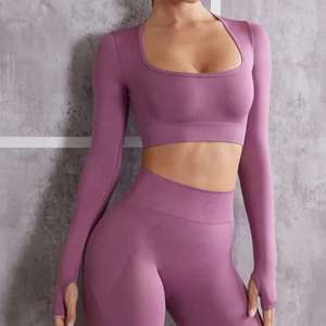 Vêtements de sport personnalisés ensembles de fitness sans couture taille haute 2 pièces ensemble manches longues ensembles d'entraînement pour les femmes avec logo - Product Image 3