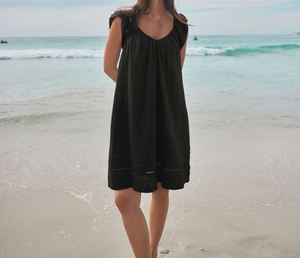 Black Mid-Calf A-Line <b>Dress</b> with V-Neck Collar Sleeveless Design in <b>Floaty</b> Linen/Cotton Fabric Eco-Friendly Casual Summer Outfit - Product Image 1