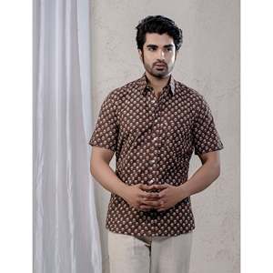 Camisa de Moda Masculina con Cuello Mao, 100% Algodón, Estampada, de Manga Corta, Estilos Casual y de Esmoquin, Tela Popelina, Suministro ODM - Product Image 1