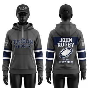 Sweat à capuche de rugby en molleton de coton et polyester 320 GSM de qualité supérieure, rose et bleu marine, avec empiècements rayés, broderie personnalisée, logo imprimé, fermeture éclair - Product Image 2