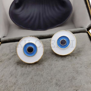 Pendientes de botón de esmalte de ojo protector redondos chapados en oro para mujer hechos a mano, joyería de latón con ajuste de bisel, tipo religioso cristiano - Product Image 1