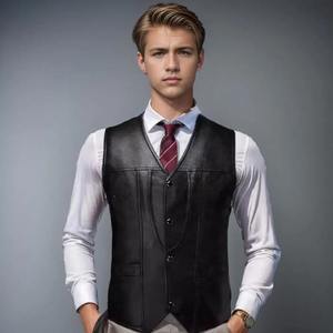 Chaleco de piel sintética para hombre, abrigo sin mangas, ajustado, chaleco de un solo pecho con bolsillos, chaleco de Color sólido, prendas de vestir - Product Image 5