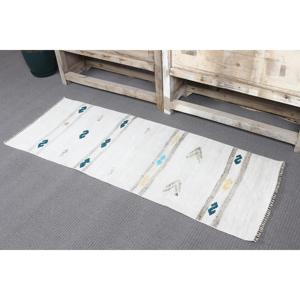 Alfombra Turca Pequeña de 1.7x4.6 pies, Alfombra Blanca y Azul de Estilo Suroeste, de Lana - Product Image 4