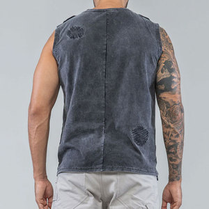 Washed Design Men's Distressed Custom Color Tank Top High Street Fashionable Blank Cropped Design Slim Fit Acid Washed Top - Product Image 3