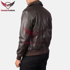 Mens Real Dark Brown <b>Leather</b> Bomber <b>Jacket</b> Shirt Collar Zip Front Sheepskin Coat Chest Seam Ribbed Hem Custom <b>Winter</b> Outerwear - Product Image 3