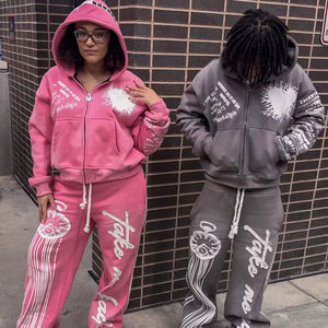 Custom Men Winter 100% Cotton Vintage <b>Screen</b> Printed Embroidery Acid <b>Wash</b> Zip up Distressed Hoodie and Sweatpants Set Men - Product Image 1