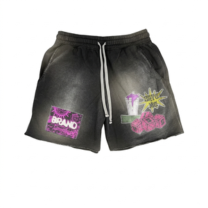 Premium 320 GSM cotton fleece acid wash shorts black red distressed <b>studded</b> design screen print applique logo <b>men's</b> shorts - Product Image 4