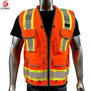 เสื้อกั๊กและแจ็กเก็ตสำหรับผู้ชายเสื้อนิรภัยผ้าโพลีเอสเตอร์สีส้มแบบมีหลายกระเป๋ามีซิปสะท้อนแสง - Product Image 2