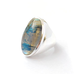 9.7 Grams <b>Labradorite</b> Gemstone <b>Ring</b> Rhodium Plated Oval Cut Bezel Set Everyday Wear Jewelry for Gifts - Product Image 1