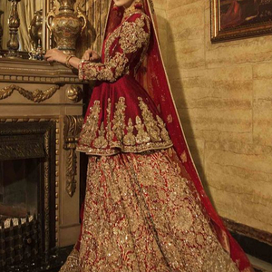 LATEST INDIAN/PAKISTANI HEAVY BRIDAL MAROON PEPLUM WITH LEHENGA <b>DRESS</b> Embellished WITH CRYSTAL GLASS BEADS,STONE,DABKA Work @ <b>20</b> - Product Image 1