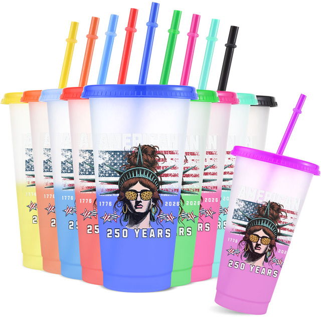 Wholesale 2026 Hot Selling USA Freedom Day Souvenir Plastic 16oz 24oz Cold Water Color Changing Cups for Party