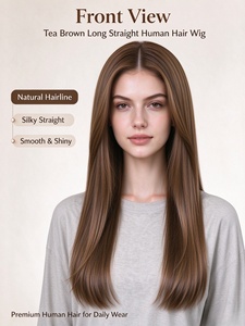 Peluca de Cabello Humano Largo y Liso Color Marrón Té, Línea de Cabello Natural, Sedoso, Suave y Brillante, para Uso Diario - Product Image 1