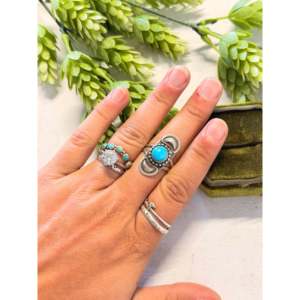 Navajo Handmade <b>Statement</b> <b>Ring</b> Kingman Turquoise & Sterling <b>Silver</b> Size 8.25 Gemstone Inlaid Natural Stone for Everyday Wear - Product Image 2