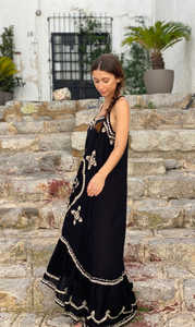 Nouvelle collection en gros bleu blanc brodé dentelle bohème sans manches longueur au sol taille naturelle bouton Boho Maxi robe - Product Image 3