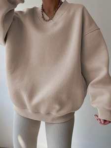 Beige Oversized <b>V</b> <b>Neck</b> <b>Sweatshirt</b> Unisex Cotton Fleece Pullover Long Sleeve Loose Fit Ribbed Cuffs Casual Winter Streetwear - Product Image 3