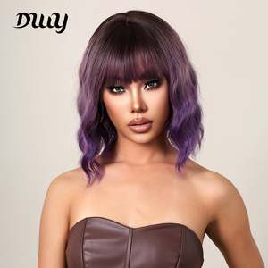 Amelia-DWY for Ombre Purple Curly <b>Wig</b> Bangs 32 Inches High Temperature Fiber Lace Front <b>Wig</b> Transparent Lace Cuticle Aligned - Product Image 2