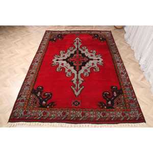 Turkish Oversize Rug 7.1x10.3 ft (215x315 cm), Vintage <b>Red</b> Geometric <b>Wool</b> Rug - Product Image 2