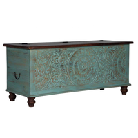 Table basse de salon en bois massif rustique, finition bleu verdâtre antique, bois de mangue sculpté à la main avec coffre de rangement