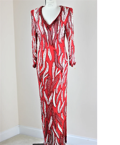 Vestido de noche de satén con lentejuelas antiestáticas rojas con mangas completas y silueta de línea A Cintura hermosa para fiestas de graduación - Product Image 3