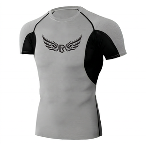 Rash Guard Men Short Sleeve Gray <b>Black</b> <b>Wing</b> Logo Quick Dry Spandex Polyester Compression Shirt for MMA BJJ Workout - Product Image 1