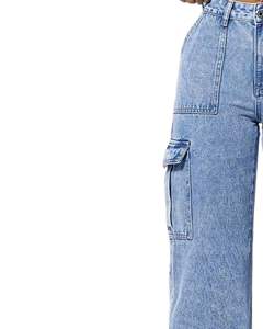 Pantalones Vaqueros Cargo de Pierna Ancha Azul Claro para Mujer, Pantalones de Mezclilla de Cintura Alta con Bolsillos Laterales, Ropa Casual de Calle, Suministro del Fabricante, OEM - Product Image 3