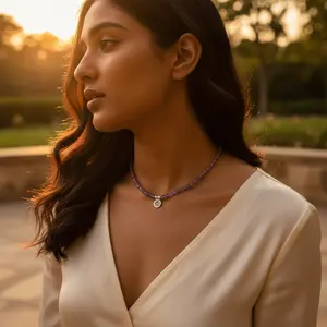 Collar de Cuentas de Amatista de Moda para Mujer con Dije de Plata, Cadenas de Bolas de Perlas de Agua Dulce, Estilo Étnico Religioso, Joyería de Regalo Perfecta - Product Image 1