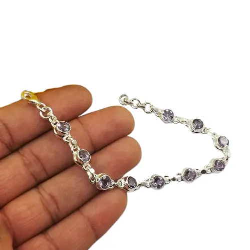 Gelang perak murni Halo Amethyst India buatan tangan batu permata untuk wanita dan anak perempuan perhiasan gelang perak murni 925 Solid