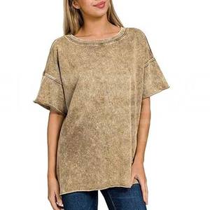 Camiseta de lavado ácido para mujer, manga corta de alta calidad, diseño de hombro caído, moda al por mayor - Product Image 3