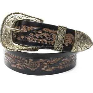 Customized Hand <b>Tooled</b> Carving Floral Pattern Embossed Western <b>Leather</b> <b>Tooling</b> <b>Belt</b> with 3 Piece Nickel Plated Floral Buckle - Product Image 5