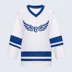 Camiseta de Hockey sobre Hielo a Rayas Blancas y Azules, Cuello en V, Manga Larga, Impresión Sublimada para Niños, Ropa Deportiva de Malla Transpirable - Product Image 1