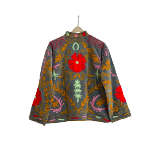 Veste Suzani artisanale réversible en velours gris ardoise, brodée à la main, avec broderie florale en tissu satiné, style Jaipur, pour l'été - Product Image 5