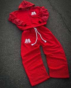 Pantalones de chándal acampanados con diamantes de imitación coloridos con cremallera desgastada personalizada OEM y conjuntos de sudadera para hombre, ropa de calle, chándal lavado con ácido - Product Image 4