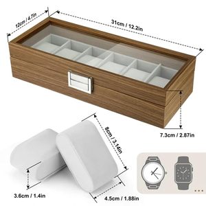 Caja organizadora de reloj de madera con ranura, Vitrina con tapa de vidrio con almacenamiento elegante Interior de terciopelo suave para relojes y joyas - Product Image 5
