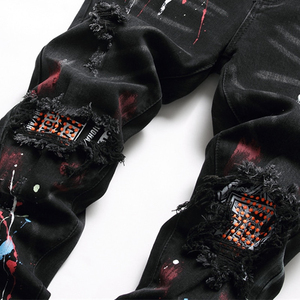 กางเกงยีนส์ผ้ายืดระบายอากาศได้ดีสำหรับผู้ชายกางเกงยีนส์ทรงสกินนี่ขาดตรงโลโก้ออกแบบได้ตามต้องการ - Product Image 3