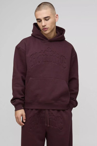 High Quality Custom Maroon <b>Oversized</b> Boxy Homme Debossed Hooded & <b>Jogger</b> With Pocket 2 Piece Set Streetwear Tracksuit for Men - Product Image 3
