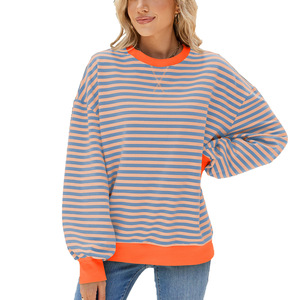 Nuevo estilo de otoño e invierno estampado de punto a rayas cuello redondo Color contrastante suelta sudadera de manga larga para mujer - Product Image 4