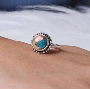 Anillo de Plata de Ley 925 sólida con ajuste de bisel Baho con cuentas de 10mm de alta calidad con turquesa de cobre de ostra espinosa para mujer - Product Image 3