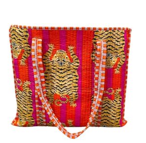 กระเป๋าผ้าพิมพ์ลายเสือสีส้มสีชมพูสุดหรูกระเป๋าผ้าสำหรับผู้หญิงผ้าจุของได้เยอะมีเชือกผูกตกแต่งสำหรับช้อปปิ้ง - Product Image 4