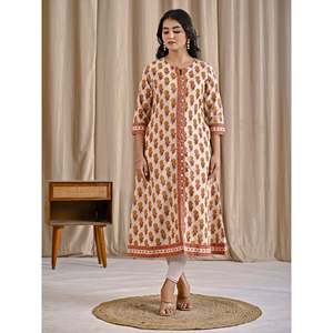 Kurti Aline de Algodón Estampado con Bloques Butti Blanco y Amarillo, Ropa Regional - Product Image 3