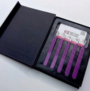 Venta al por mayor GETUP BROSONS IMPEX Pinzas para extensión de pestañas de acero inoxidable antimagnéticas con recubrimiento en polvo morado, agarre de diamante y punta plateada - Product Image 2